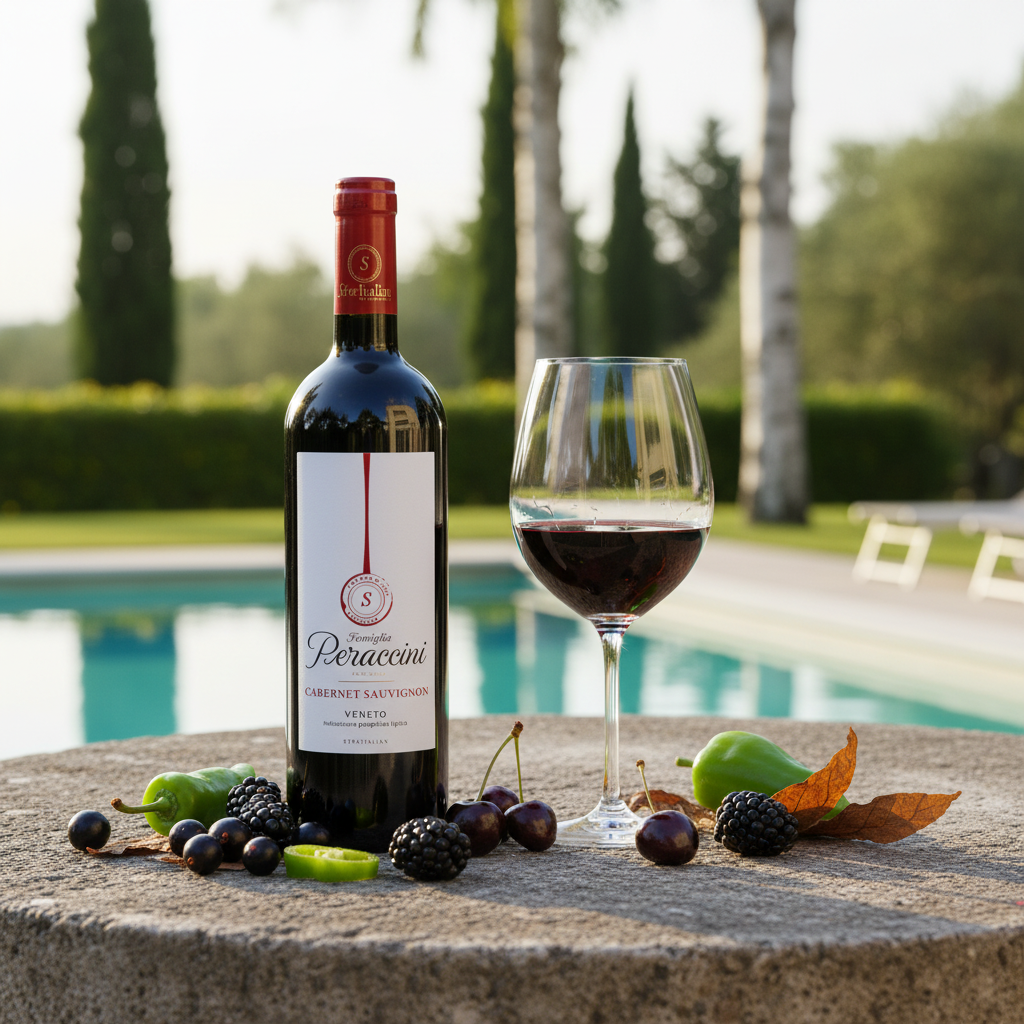 A bottle of Famiglia Peraccini Cabernet Sauvignon Veneto red wine displayed beside a filled wine glass next to a luxury swimming pool, surrounded by tasting notes including blackberries, cherries, blueberries, green pepper, and physalis, with cypress trees and a serene Italian garden in the background.