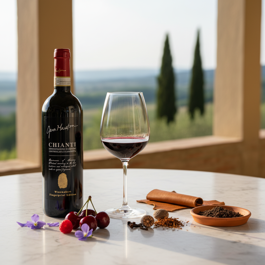 Premium Opera Maestra Chianti DOCG with glass; terrace scene, cherry fruit and earthy spice notes, authentic Tuscan mood.