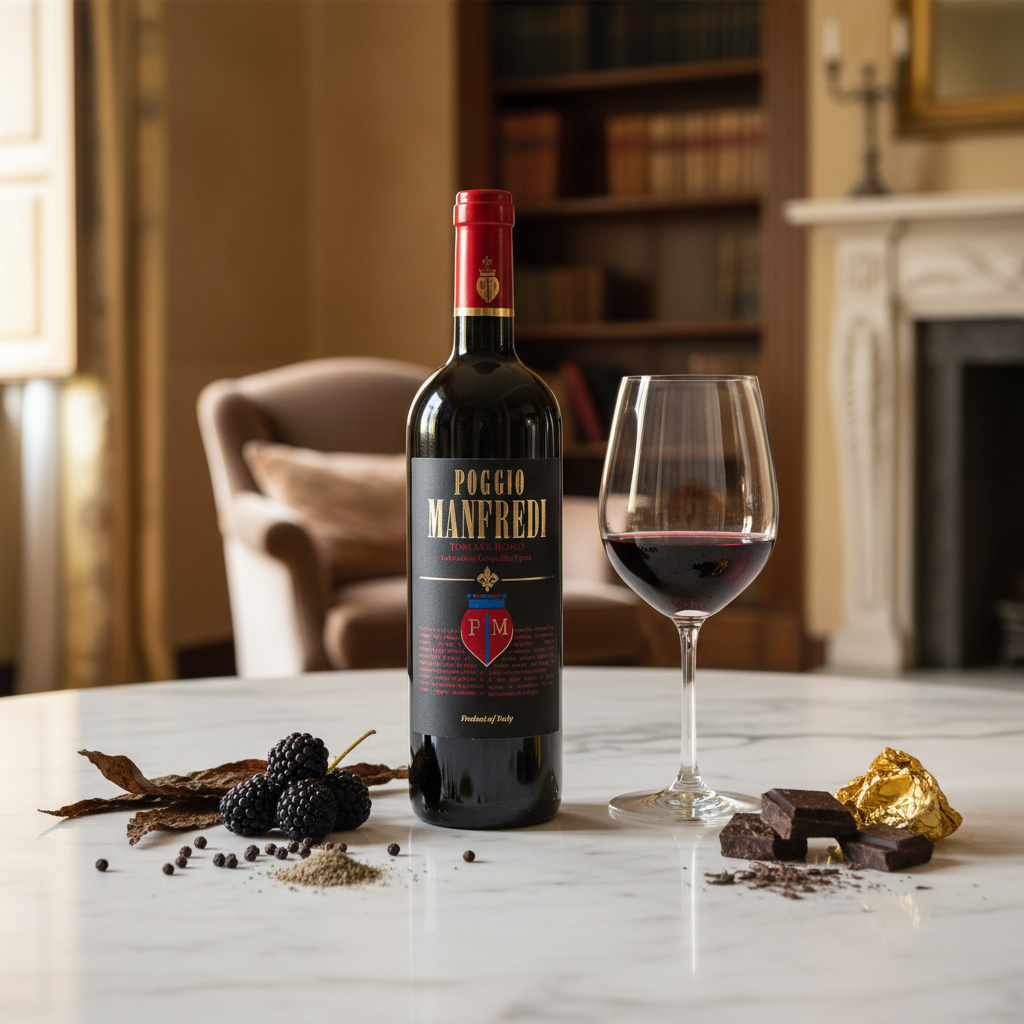 Scena lifestyle: Poggio Manfredi Toscana Rosso con calice; note di frutta scura, tabacco e cacao in ambientazione classica.