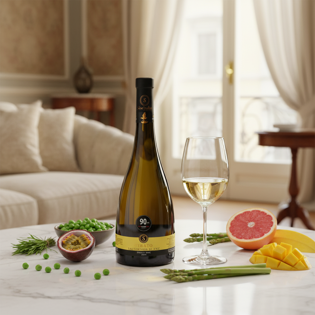 Scena raffinata con Strato Sauvignon Blanc Friuli DOC: calice, pompelmo rosa e mango; tocchi verdi di asparagi e piselli.