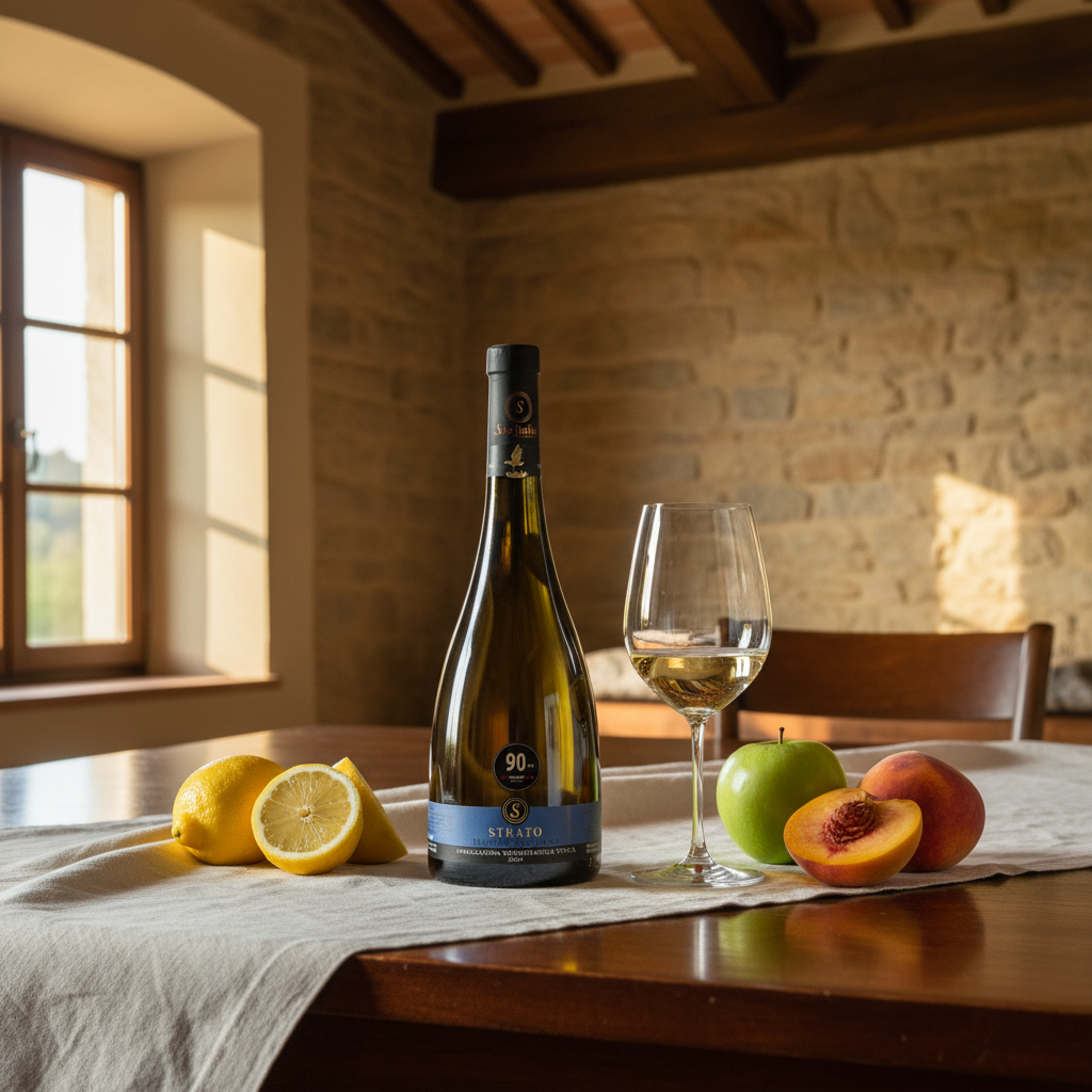 Scatto lifestyle di Strato Toscana Bianco: tavolo di legno, runner di lino, frutta fresca; mood accogliente di casale toscano.